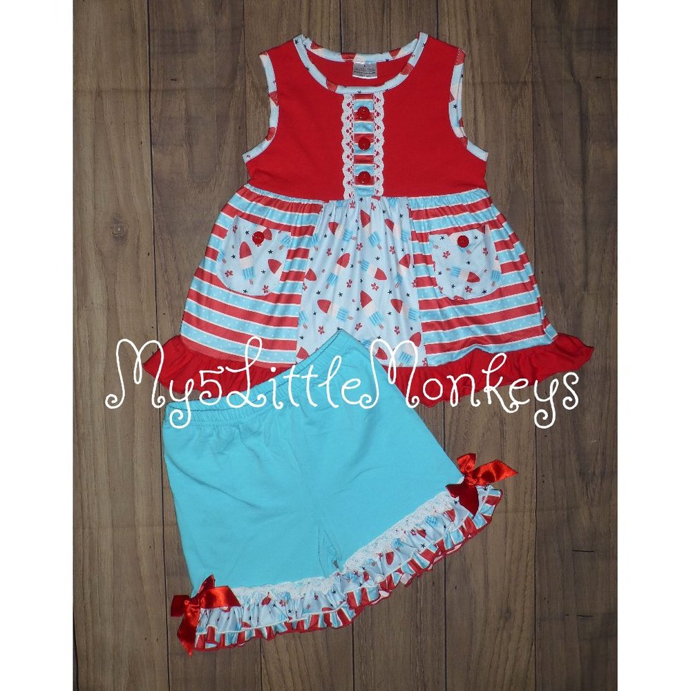 Boutique 4th of July Popsicle Bomb Pop Tunic Dress & Shorts Girls Outfit Set